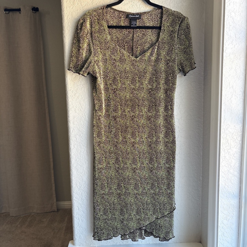 Womens Vintage Y2K 12 Midi Dress 90s Green Brown Lettuce Trim‎ Fairy Earthy